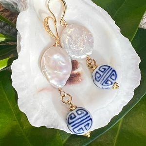 Stunning chinoiserie and pearl earring. Handmade with 18k gold plated loops!
